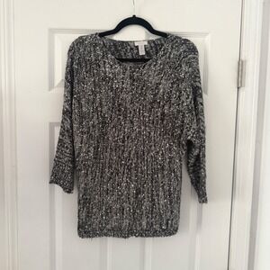 Chicos Sparkly Sequin Knit Sweater Black White Metallic Size 2‎ Womens L Party